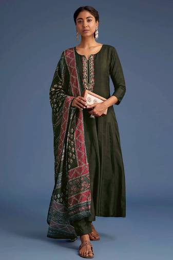 Art Silk Hand Work Embroidery Anarkali Kurta Pant with Printed Dupatta Set