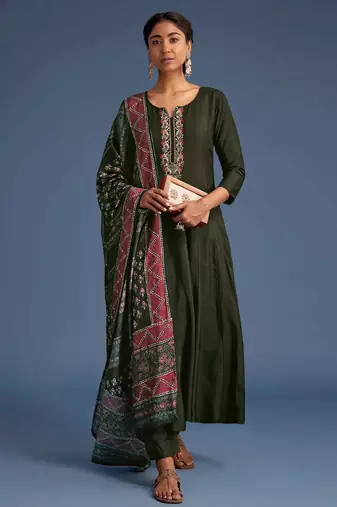 Art Silk Hand Work Embroidery Anarkali Kurta Pant with Printed Dupatta Set