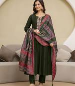 Trendmalls Art Silk Hand Work Embroidery Anarkali Kurta Pant with Printed Dupatta Set