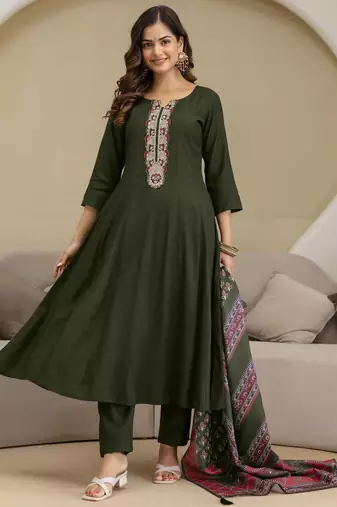 Trendmalls Art Silk Hand Work Embroidery Anarkali Kurta Pant with Printed Dupatta Set