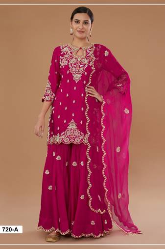 Magenta vichitra semi stitched suit with embroidered viscose thread jari & sequence work