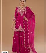 Magenta vichitra semi stitched suit with embroidered viscose thread jari & sequence work
