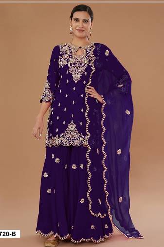 Purple vichitra semi stitched suit with embroidered viscose thread jari & sequence work