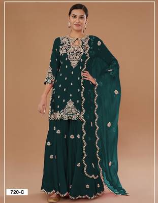 Green vichitra suit with embroidered viscose thread jari & sequin  1