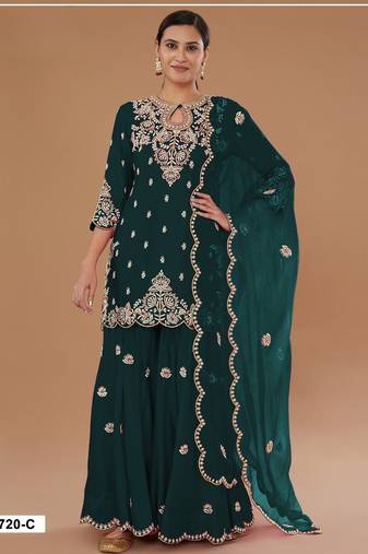Green vichitra semi stitched suit with embroidered viscose thread jari & sequence work