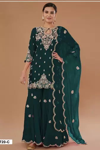 Green vichitra semi stitched suit with embroidered viscose thread jari & sequence work