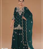 Green vichitra semi stitched suit with embroidered viscose thread jari & sequence work