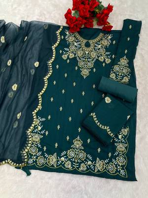Green vichitra suit with embroidered viscose thread jari & sequin  2