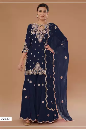 Teal vichitra semi stitched suit with embroidered viscose thread jari & sequence work