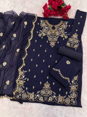 Teal vichitra suit with embroidered viscose thread jari & sequin  2