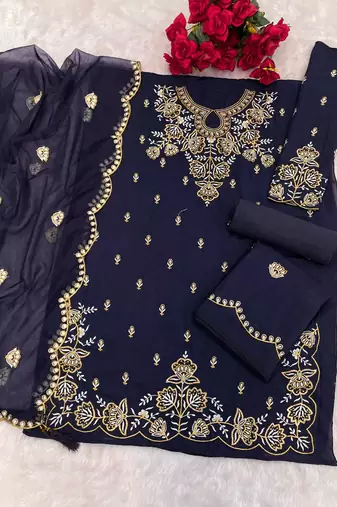 Teal vichitra suit with embroidered viscose thread jari & sequin 