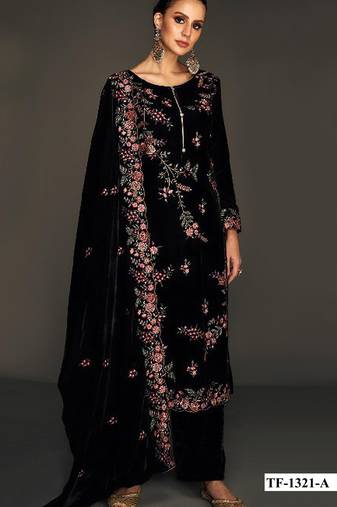 Black pure velvet semi stitched suit with heavy embroidery sequence work