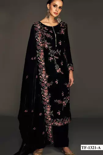 Black pure velvet semi stitched suit with heavy embroidery sequence work