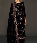 Black pure velvet semi stitched suit with heavy embroidery sequence work