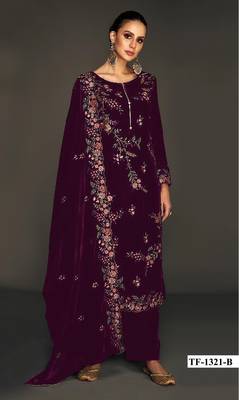 Purple pure velvet suit with heavy embroidery sequin  1