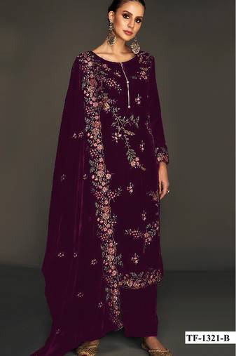 Purple pure velvet semi stitched suit with heavy embroidery sequence work