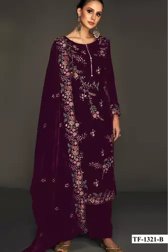 Purple pure velvet semi stitched suit with heavy embroidery sequence work