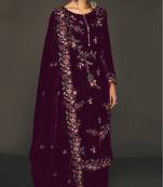 Purple pure velvet semi stitched suit with heavy embroidery sequence work