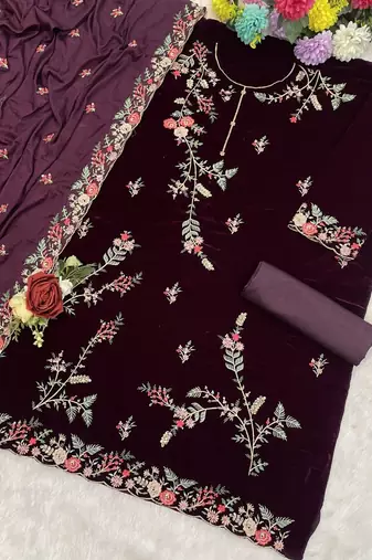 Purple pure velvet suit with heavy embroidery sequin 