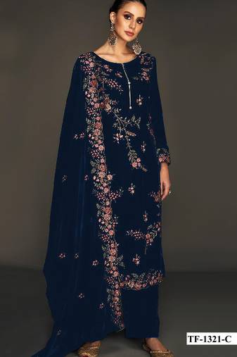 Navy pure velvet semi stitched suit with heavy embroidery sequence work
