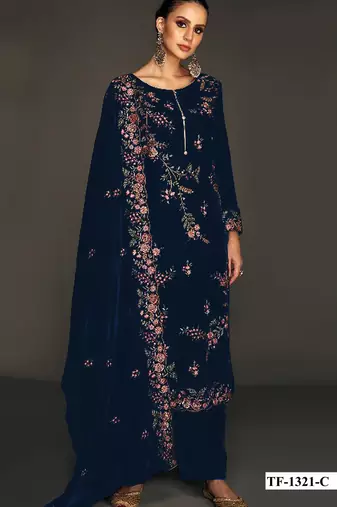 Navy pure velvet semi stitched suit with heavy embroidery sequence work