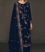 Navy pure velvet semi stitched suit with heavy embroidery sequence work