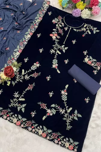 Navy pure velvet suit with heavy embroidery sequin 