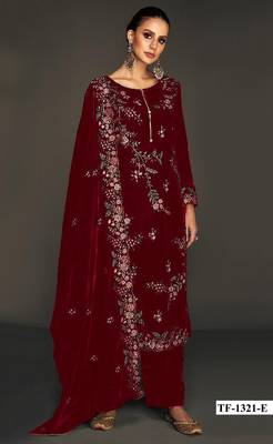Maroon pure velvet suit with heavy embroidery sequin  1