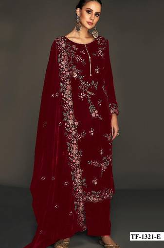 Maroon pure velvet semi stitched suit with heavy embroidery sequence work