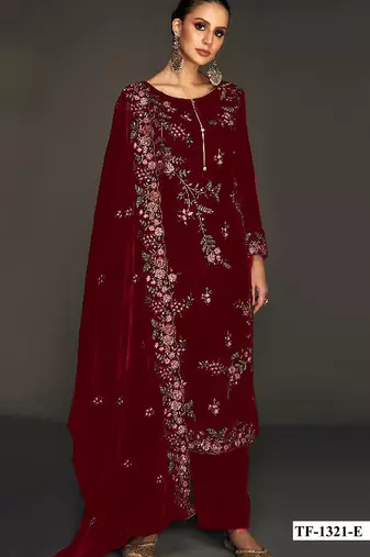 Maroon pure velvet semi stitched suit with heavy embroidery sequence work