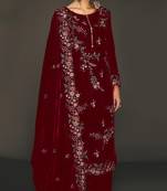 Maroon pure velvet semi stitched suit with heavy embroidery sequence work