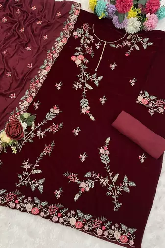 Maroon pure velvet suit with heavy embroidery sequin 