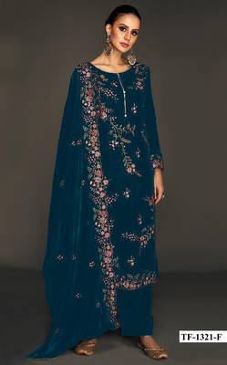Teal pure velvet suit with heavy embroidery sequin  1
