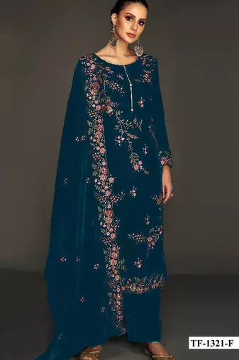 Teal pure velvet semi stitched suit with heavy embroidery sequence work