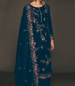 Teal pure velvet semi stitched suit with heavy embroidery sequence work