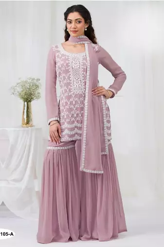 Pink faux georgette semi stitched suit with embroidery cotton thread & sequence work