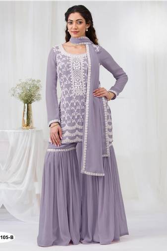 Lavender faux georgette semi stitched suit with embroidery cotton thread & sequence work
