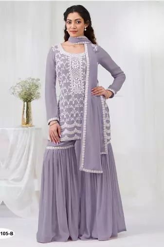Lavender faux georgette semi stitched suit with embroidery cotton thread & sequence work