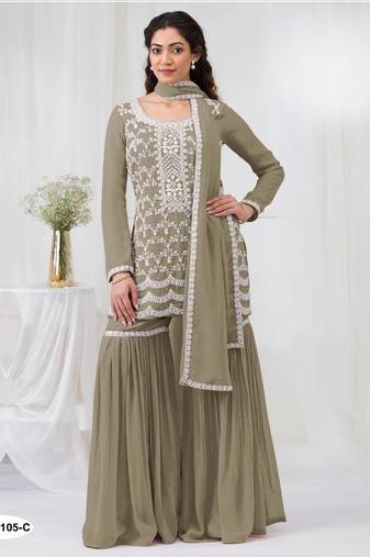 Mehendi faux georgette semi stitched suit with embroidery cotton thread & sequence work