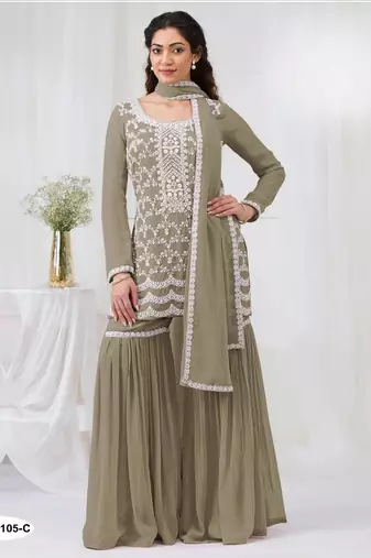 Mehendi faux georgette semi stitched suit with embroidery cotton thread & sequence work