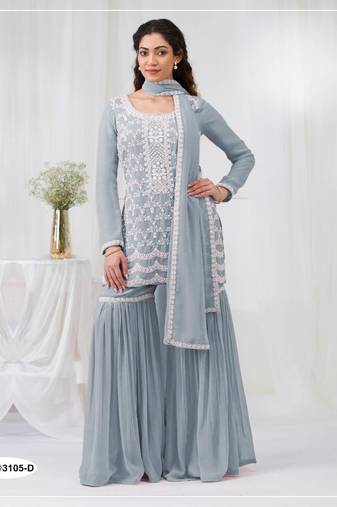 Sky blue faux georgette semi stitched suit with embroidery cotton thread & sequence work