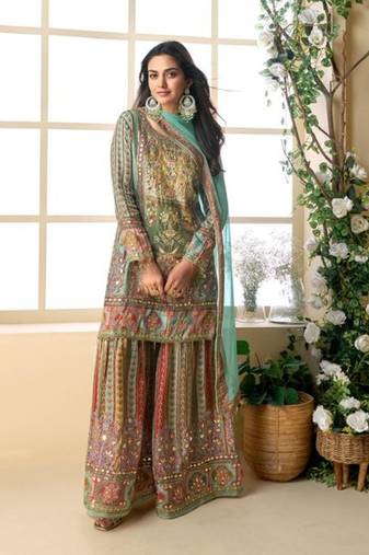 Sea green heavy crepe silk sharara suit