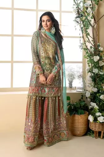 Sea green heavy crepe silk sharara suit