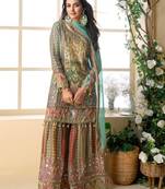 Sea green heavy crepe silk sharara suit
