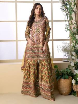Yellow heavy crepe silk sharara suit 1