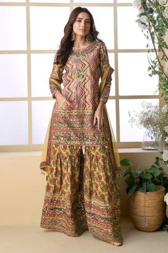 Yellow heavy crepe silk sharara suit