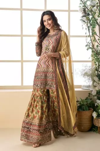 Yellow heavy crepe silk sharara suit