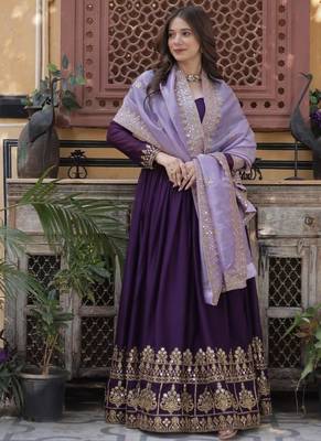 Purple georgette sequins zari embroidered Anarkali kameez with dupatta 3