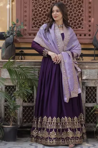 Purple georgette sequins zari embroidered Anarkali kameez with dupatta