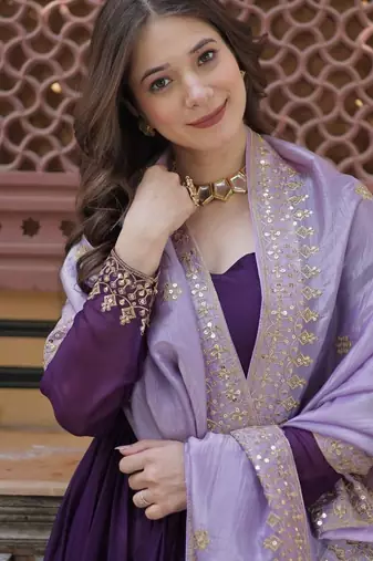 Purple georgette sequins zari embroidered Anarkali kameez with dupatta